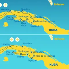 Mapa Kuby z trasami podróży. Wycieczka "LATO" i "ZIMA" przez wyspę jak wulkan gorąca, od Hawany po Trynidad.
