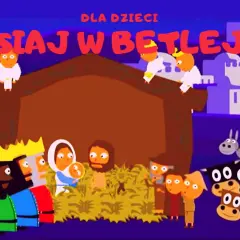 Dziś w Betlejem, golec uorkiestra śpiewa kolędę. Scena z narodzin Jezusa z trzema królami, zwierzętami i aniołkami.