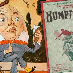 Humpty Dumpty siedzi, czyta książkę. Obok plakat "Humpty Dumpty" z diabłem i klaunem. Królu mój tekst.