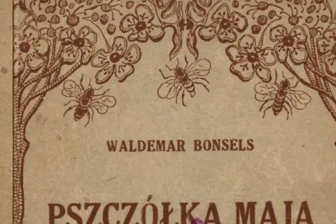 Okładka książki "Pszczółka Maja" Waldemara Bonselsa z rysunkami pszczół i kwiatów.