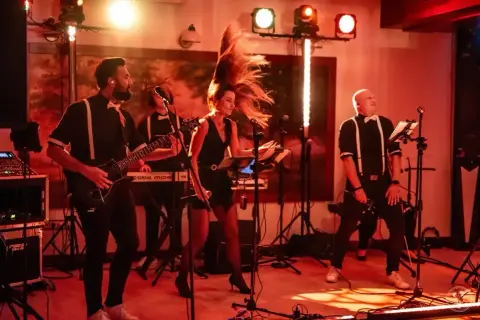 Zespół gra na scenie, wokalistka z burzą włosów, gitarzysta i klawiszowiec. W tle biały miś tekst.