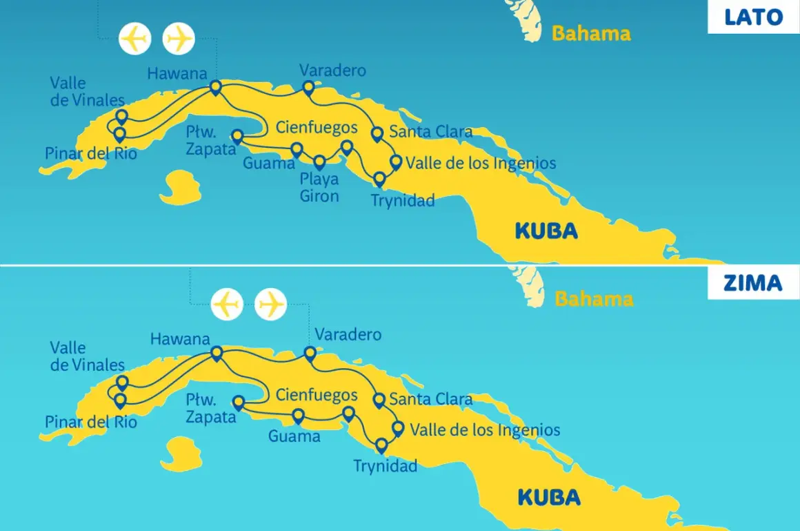 Mapa Kuby z trasami podróży. Wycieczka "LATO" i "ZIMA" przez wyspę jak wulkan gorąca, od Hawany po Trynidad.