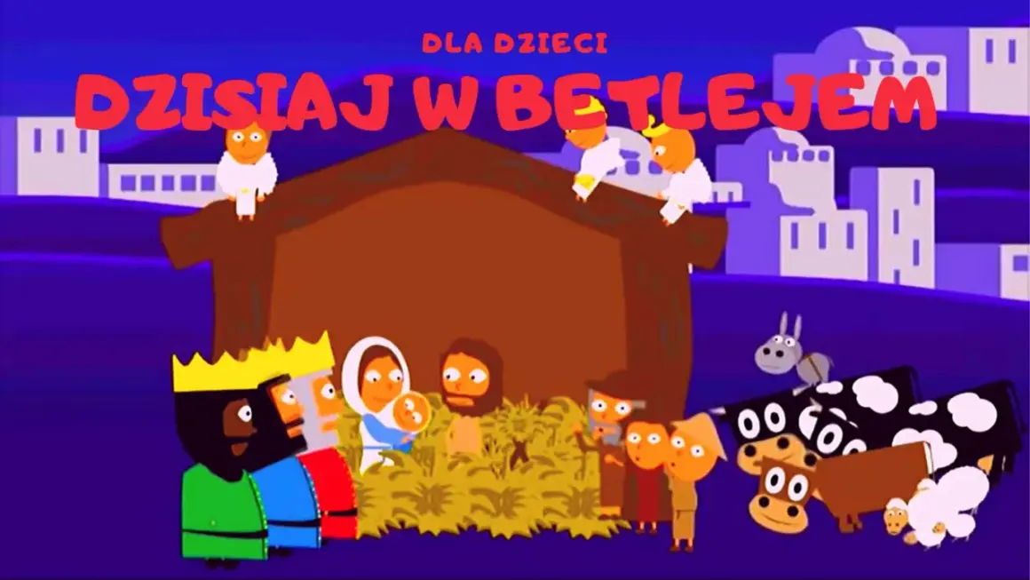 Dziś w Betlejem, golec uorkiestra śpiewa kolędę. Scena z narodzin Jezusa z trzema królami, zwierzętami i aniołkami.