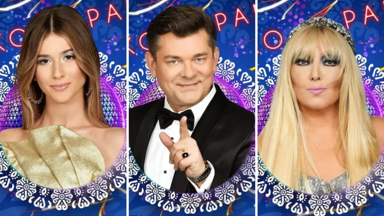 Trzy gwiazdy: młoda kobieta w złotej sukni, elegancki mężczyzna w smokingu i blondynka w błyszczącej kreacji. Kto śpiewał na sylwestra w Zakopanem?