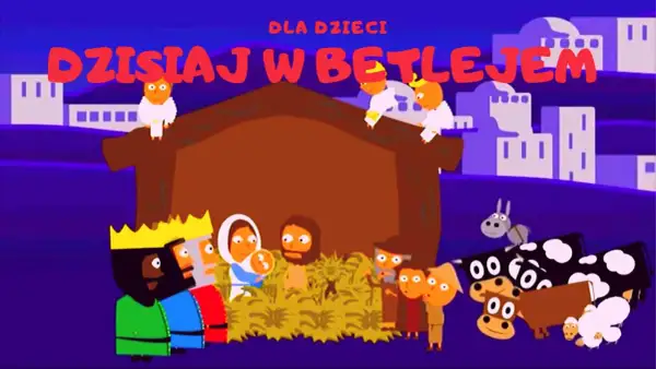 Dziś w Betlejem, golec uorkiestra śpiewa kolędę. Scena z narodzin Jezusa z trzema królami, zwierzętami i aniołkami.