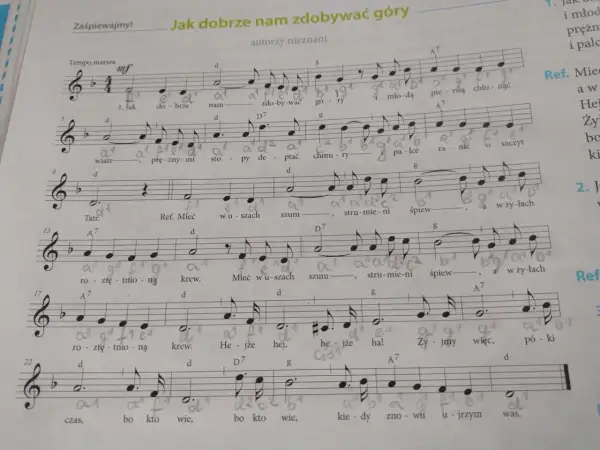 Nuty piosenki "Jak dobrze nam zdobywać góry" z zapisanym tekstem i akordami.